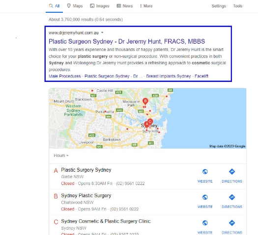 plastic surgeon sydney - google serp